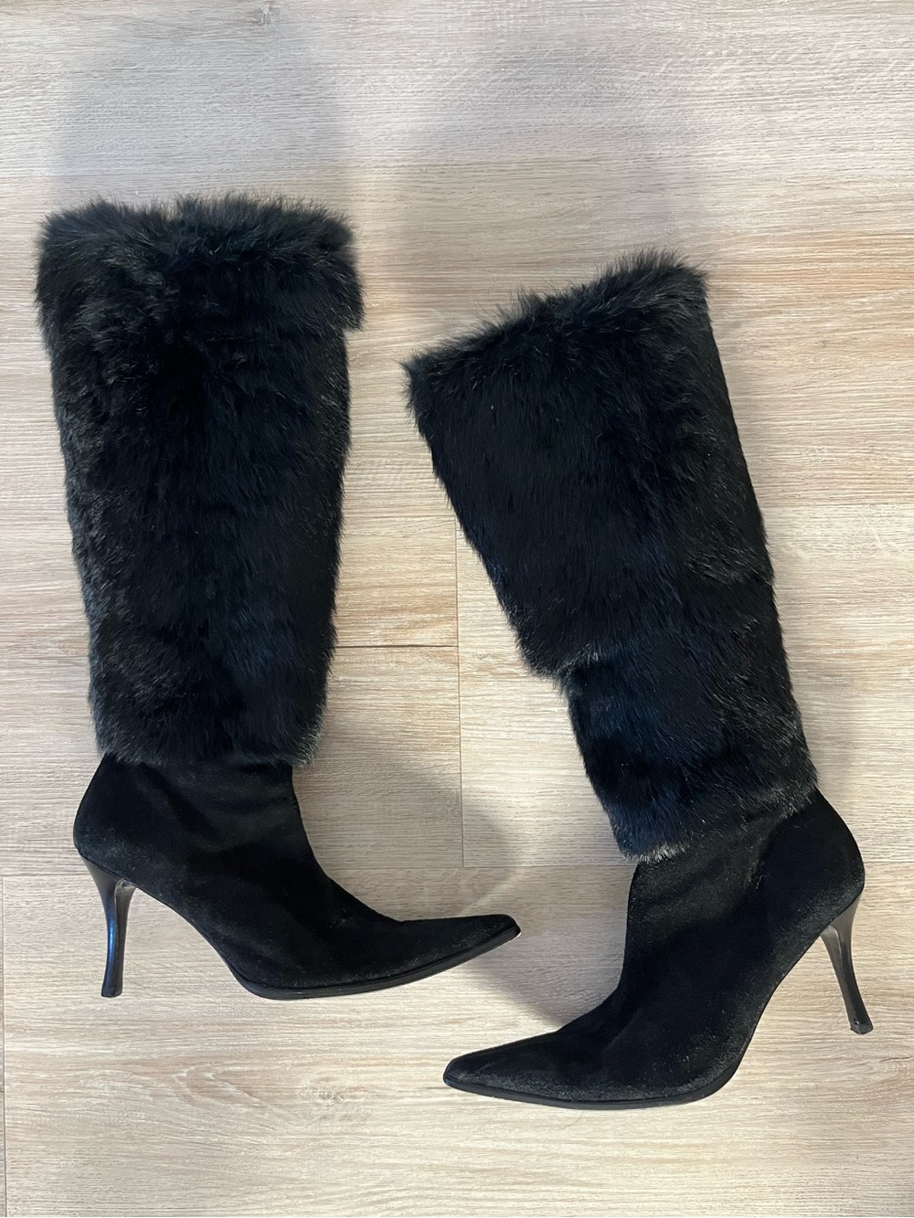 Saks Fifth Avenue Vintage Fur Suede Knee High Stiletto Heel Boots Black Sz 8